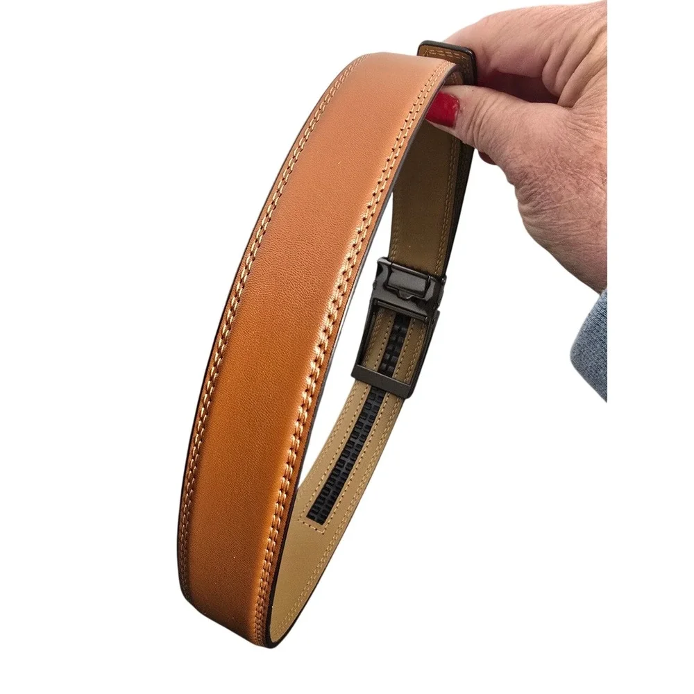 CHAOREN Mens Ratchet Belt Tan Brown Leather Gunmetal Slide Buckle Dress Belt NEW